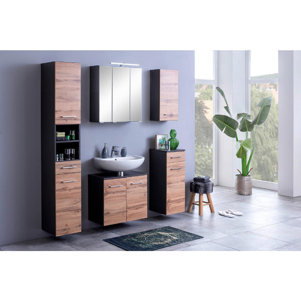 Thumbnail - Held Hängeschrank, Graphit, Eiche Wotan, Holzwerkstoff, 2 Fächer, einzeln stellbar, 30x64x20 cm, hängend, Badezimmer, Ba...