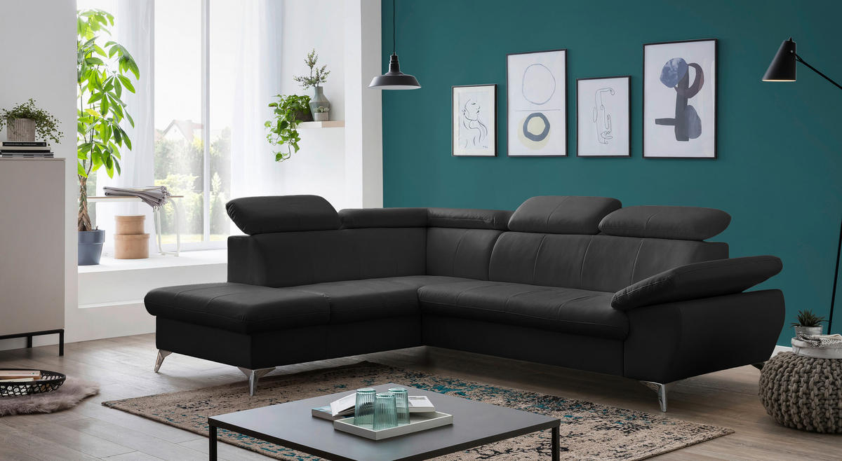 ECKSOFA Schwarz Lederlook  - Chromfarben/Schwarz, KONVENTIONELL, Textil/Metall (209/256cm) - Livetastic