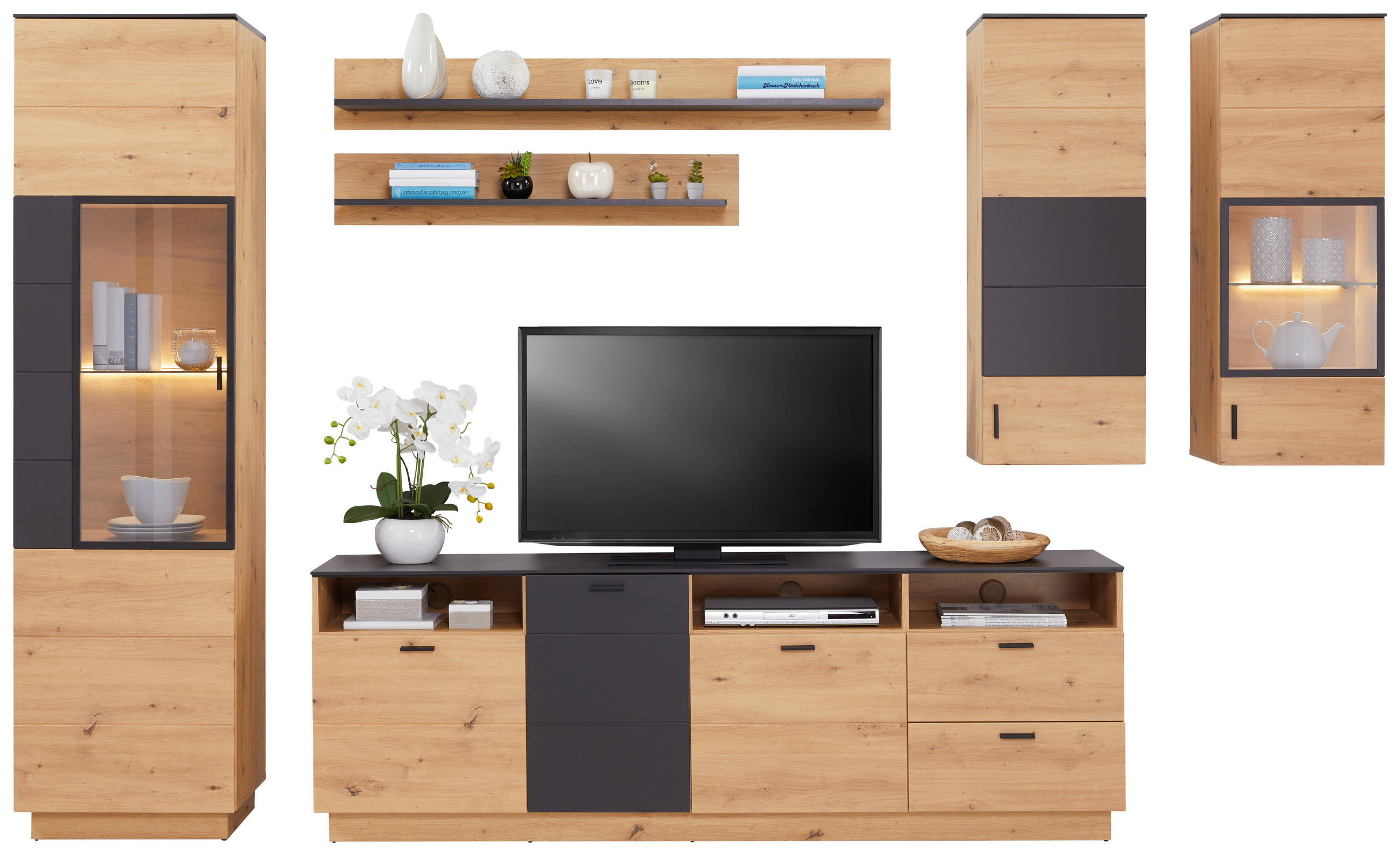 Wohnkombination Modern 6 -Teilig. Tonale 1, Eiche Dekor/Grau