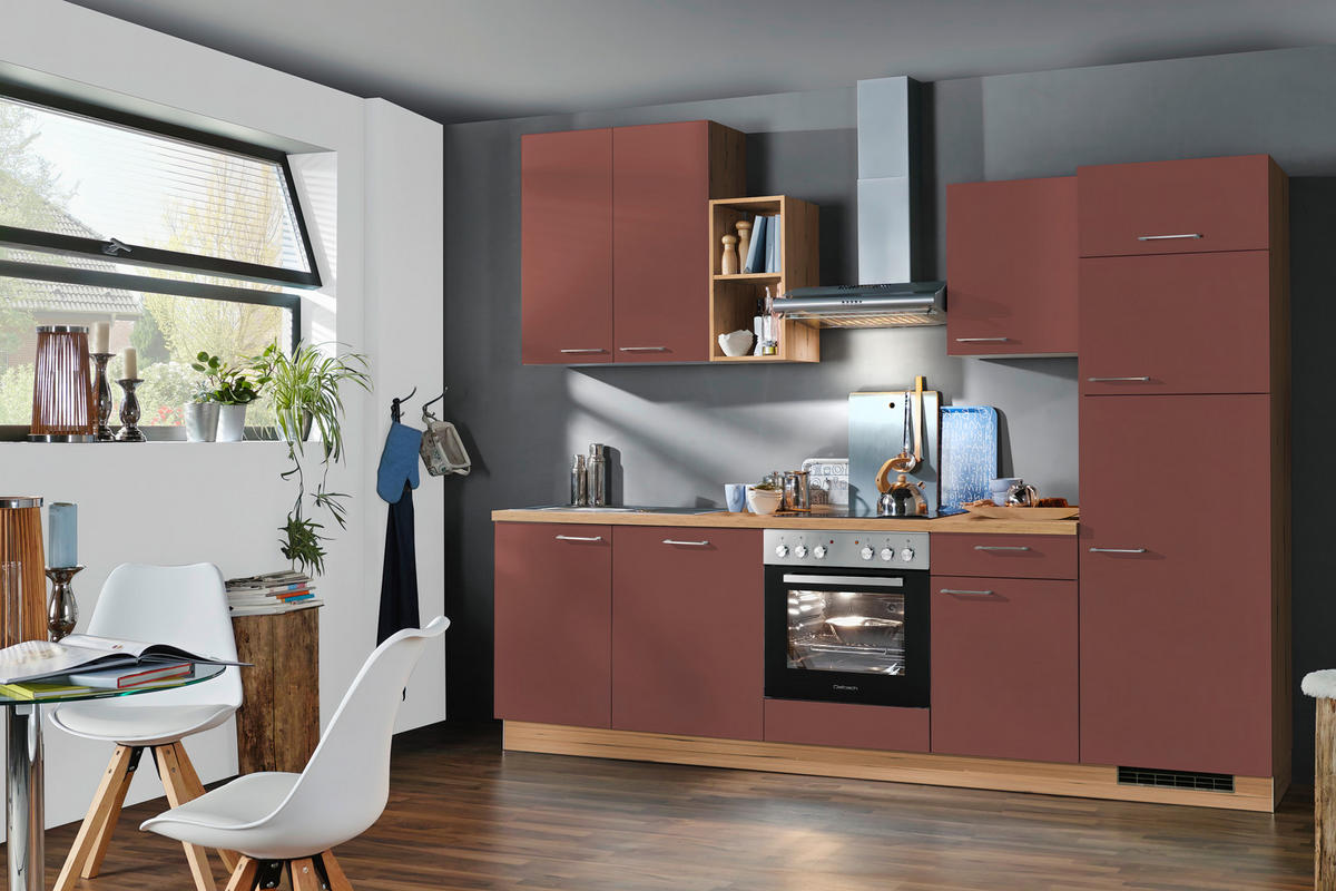 KÜCHENBLOCK 280 cm   in Rot, Eichefarben  - Eichefarben/Rot, KONVENTIONELL, Holzwerkstoff/Metall (280cm) - Welnova