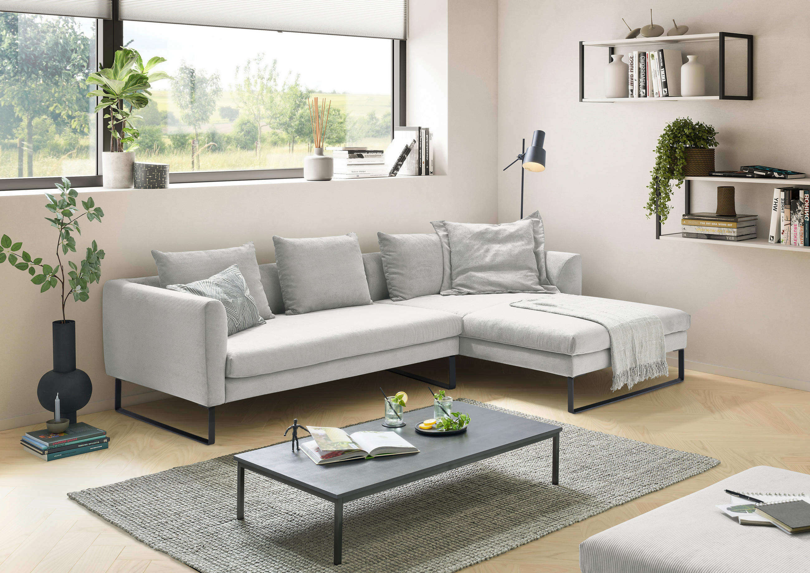 ECKSOFA in Cord Hellgrau  - Hellgrau/Schwarz, Konventionell, Textil/Metall (284/178cm) - Hom`in