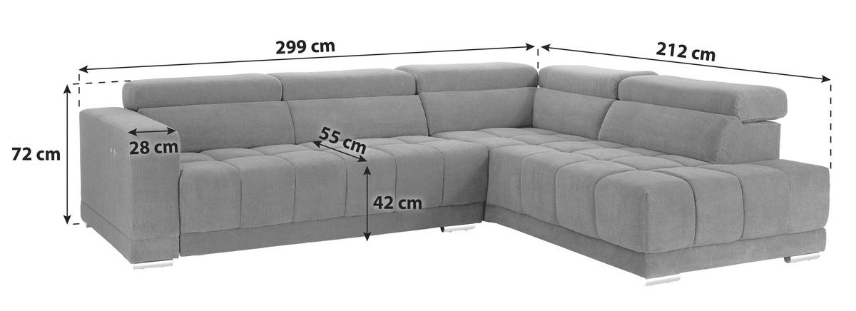 KOTNA SEDEŽNA GARNITURA, tkanina siva  - srebrne barve/siva, Moderno, kovina/tekstil (299/212cm) - Livetastic