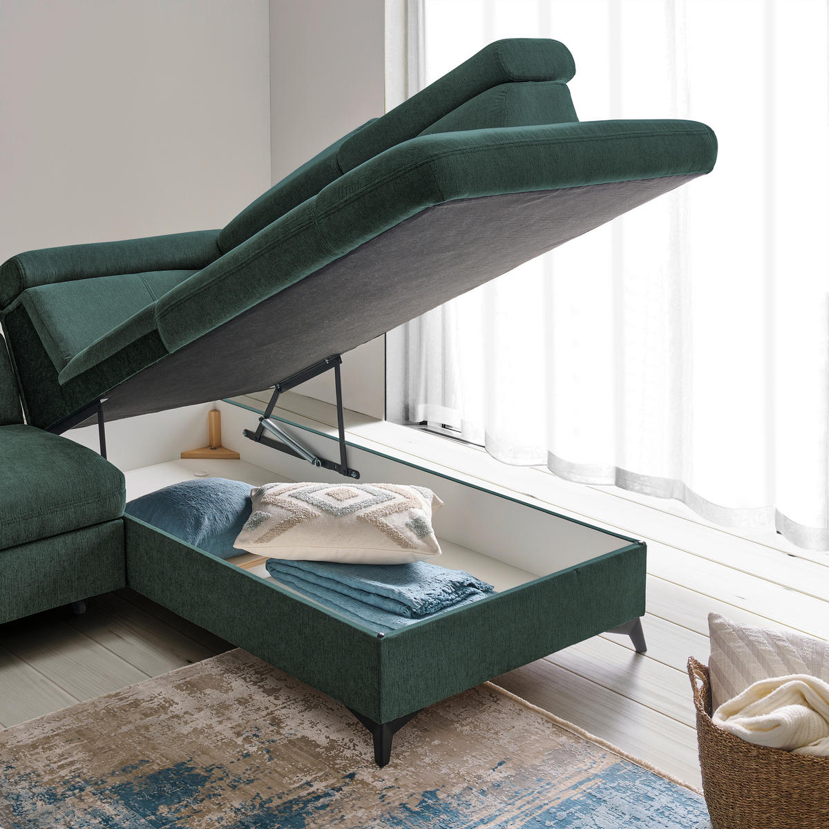 Ecksofa inkl. Funktionen in Chenille Petrol, Dunkelgrün  - Dunkelgrün/Petrol, Design, Textil/Metall (260/203cm) - Stylife