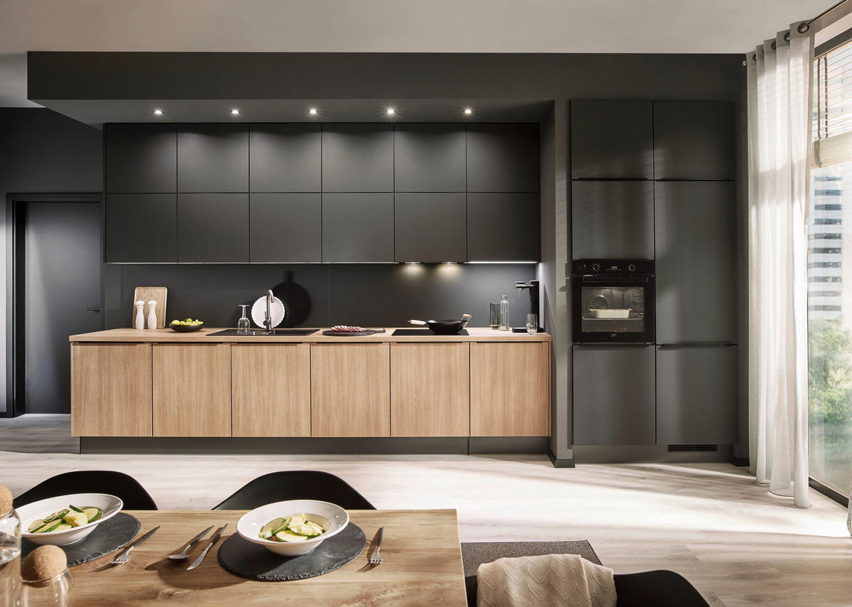 EINBAUKÜCHE   - Eichefarben/Graphitfarben, Design, Holzwerkstoff - Xora