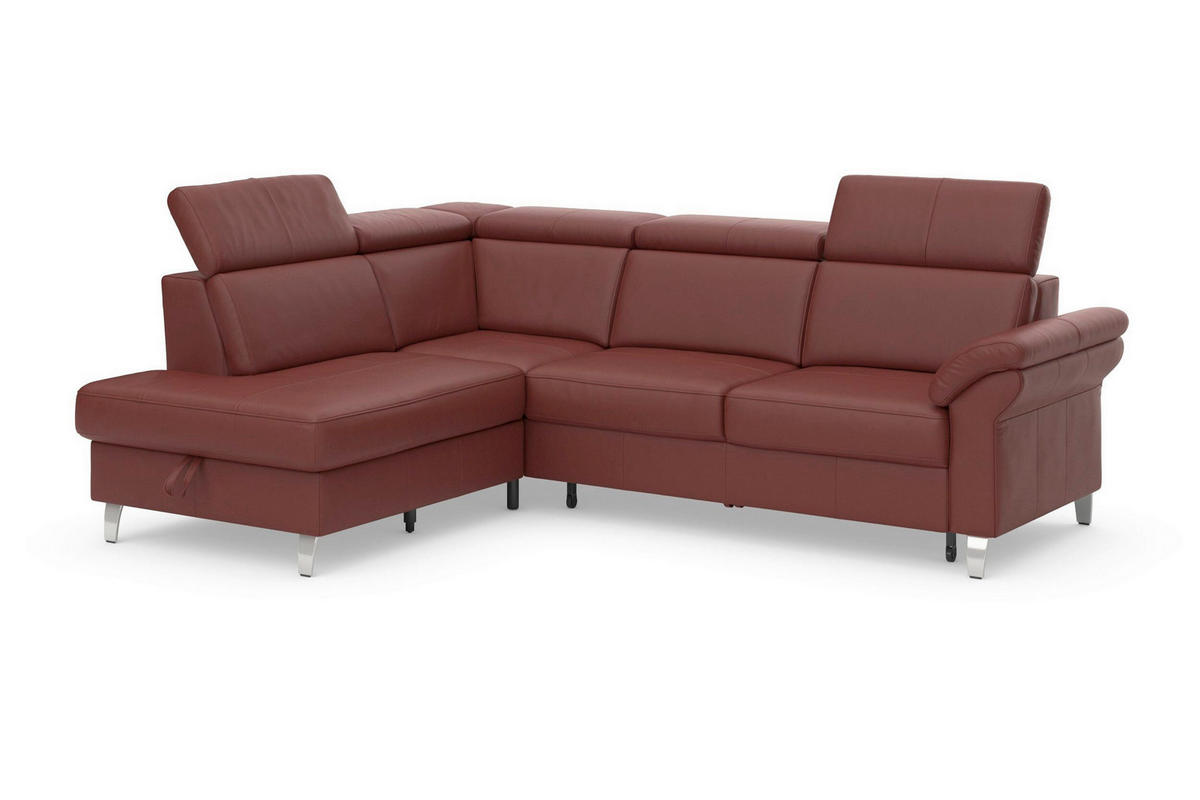 ECKSOFA ARNGAST E Rotbraun Kombination Echtleder/Stoff Mikrofaser Bettkasten, Kopfteilverstellung  - Chromfarben/Rotbraun, Basics, Leder/Textil (194/245cm) - Sit & More