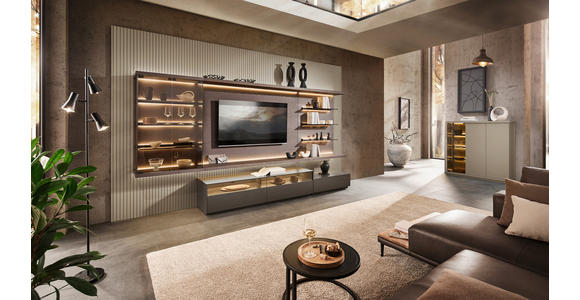 WOHNWAND  in Grau, Eiche dunkel  349,2/182/46 cm  - Eiche dunkel/Grau, Design, Glas/Holz (349,2/182/46cm) - Belluti