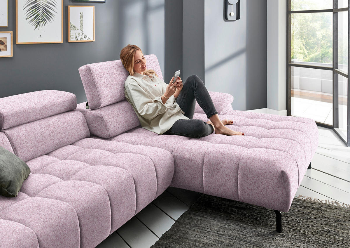 ECKSOFA in Chenille Rosa  - Schwarz/Rosa, Design, Textil/Metall (329/190cm) - Beldomo Style