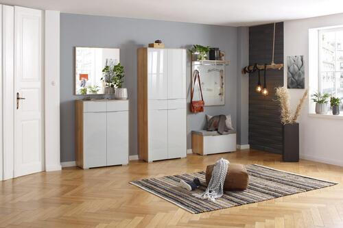 GARDEROBENBANK Weiß, Eichefarben - Chromfarben/Eichefarben, Design, Glas/Kunststoff (80,8/38,7/37,3cm) - Voleo