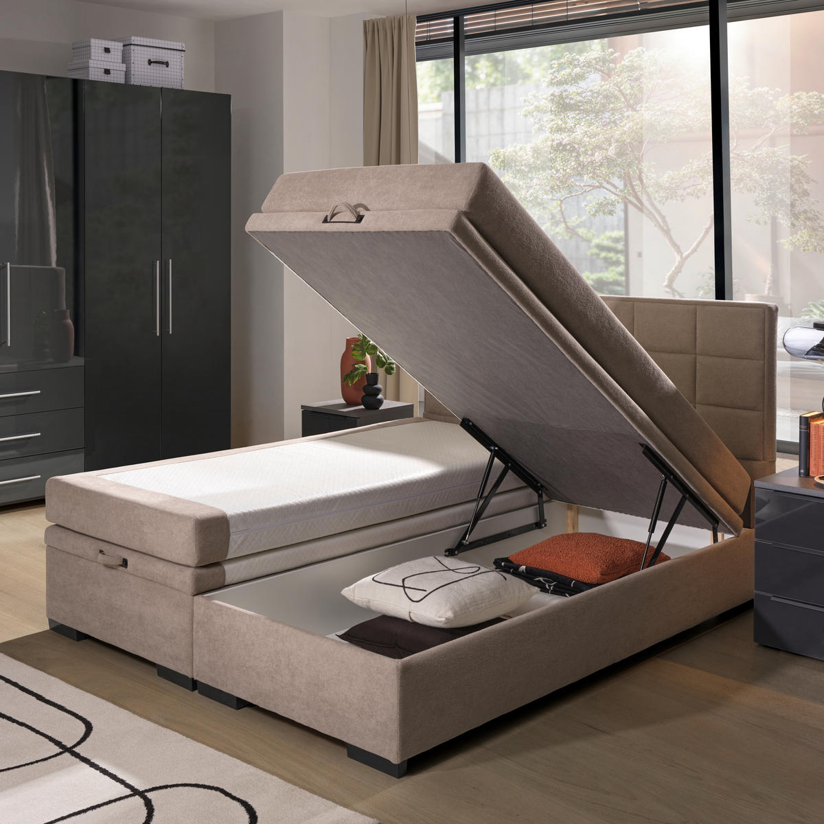 BOXSPRINGBETT 180/200 cm  in Taupe  - Taupe/Schwarz, KONVENTIONELL, Kunststoff/Textil (180/200cm) - home24