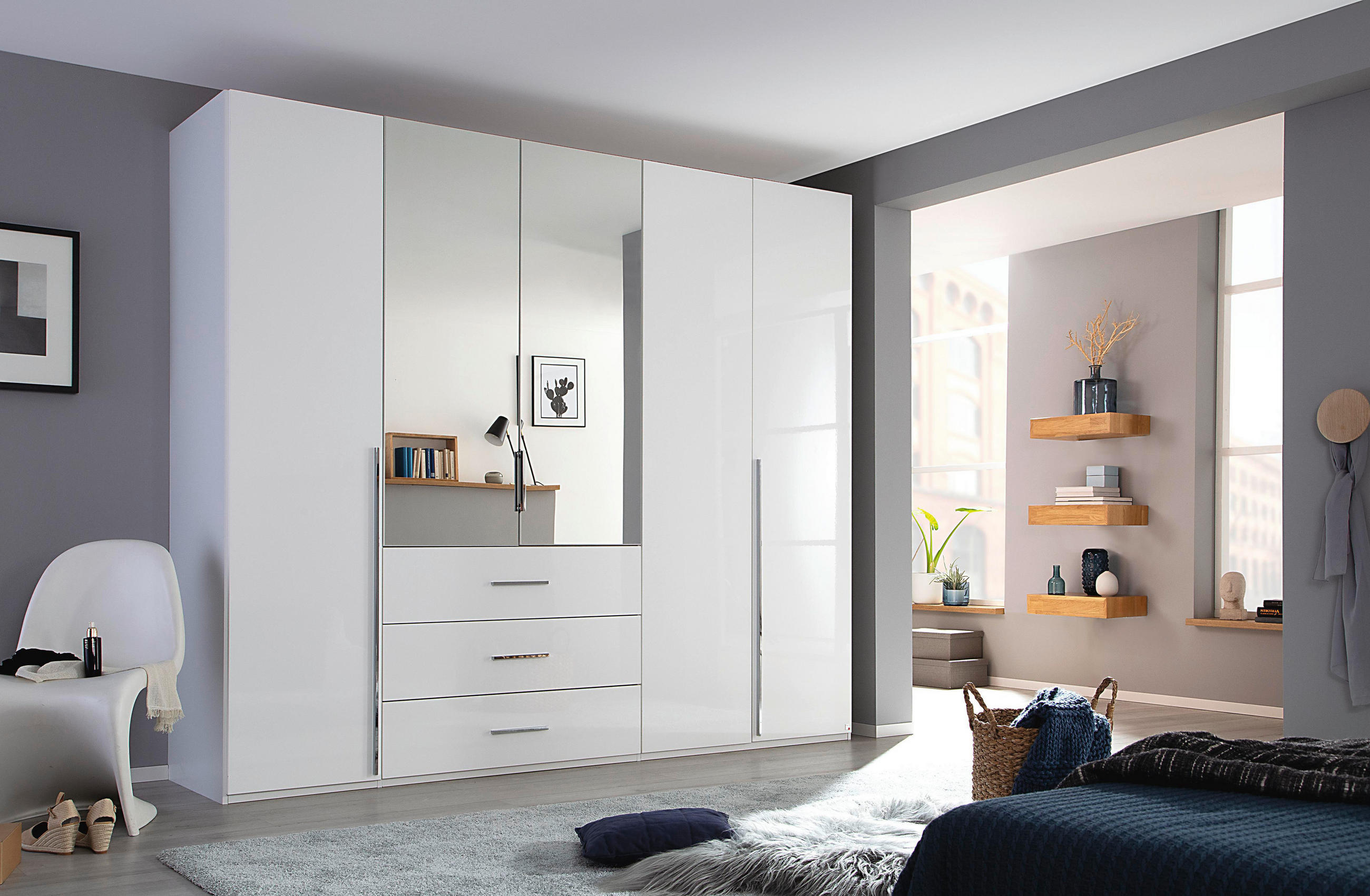 DREHTÜRENSCHRANK in Weiss, Weiss Hochglanz  - Weiss Hochglanz/Chromfarben, Design, Glas/Holzwerkstoff (251/223/60cm) - home24