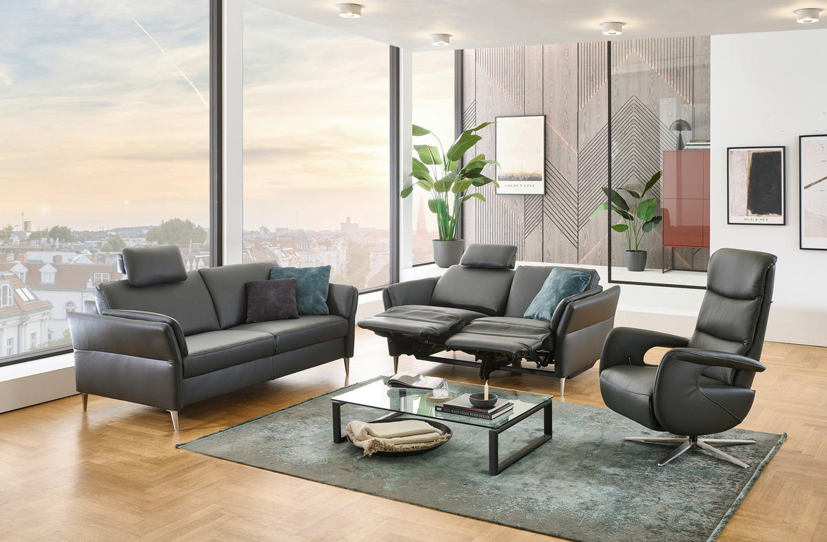 3-SITZER-SOFA Echtleder Anthrazit  - Anthrazit/Alufarben, Konventionell, Leder/Metall (190/84/99cm) - Dieter Knoll