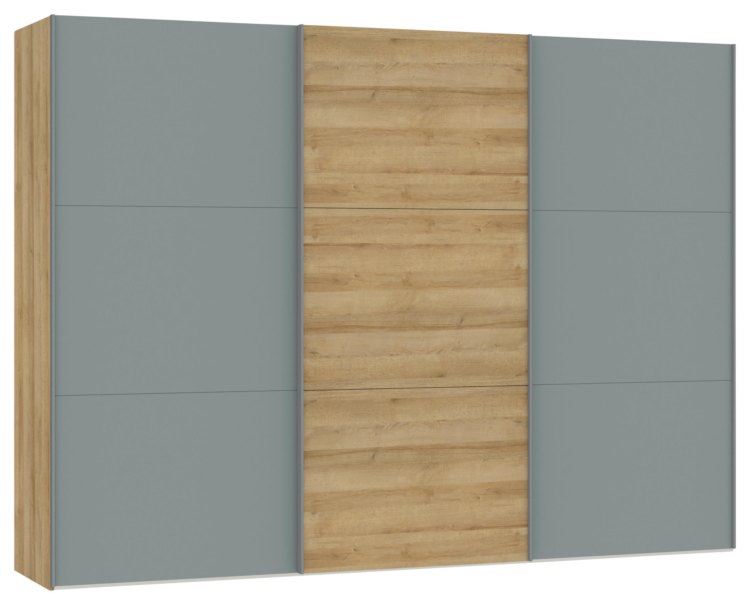 SCHWEBETÜRENSCHRANK 303/220/65 cm 3-türig Eichefarben, Salbeigrün  - Eichefarben/Salbeigrün, Design, Holzwerkstoff/Metall (303/220/65cm) - Jutzler
