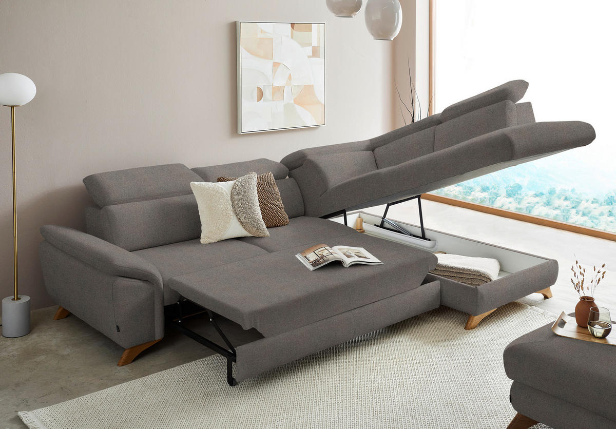 ECKSOFA in Flachgewebe Graubraun  - Eichefarben/Graubraun, Modern, Holz/Textil (287/212cm) - Valnatura