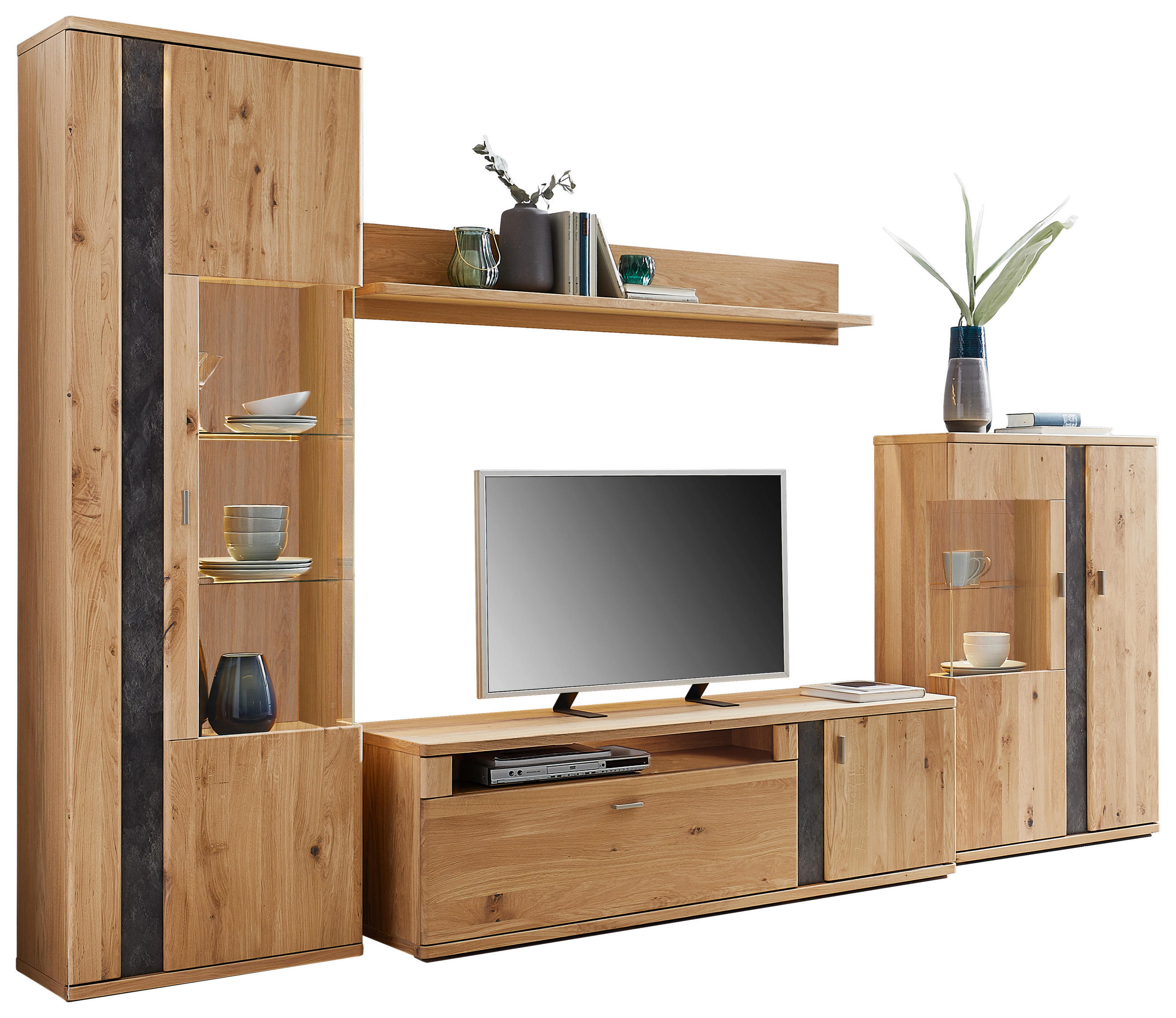 Thumbnail - Voleo Wohnwand Turego, Eiche, Metall, Eiche, furniert,furniert, massiv,massiv, 6 Fächer, 1 Schubladen, 327.4x208.6x50.2 ...