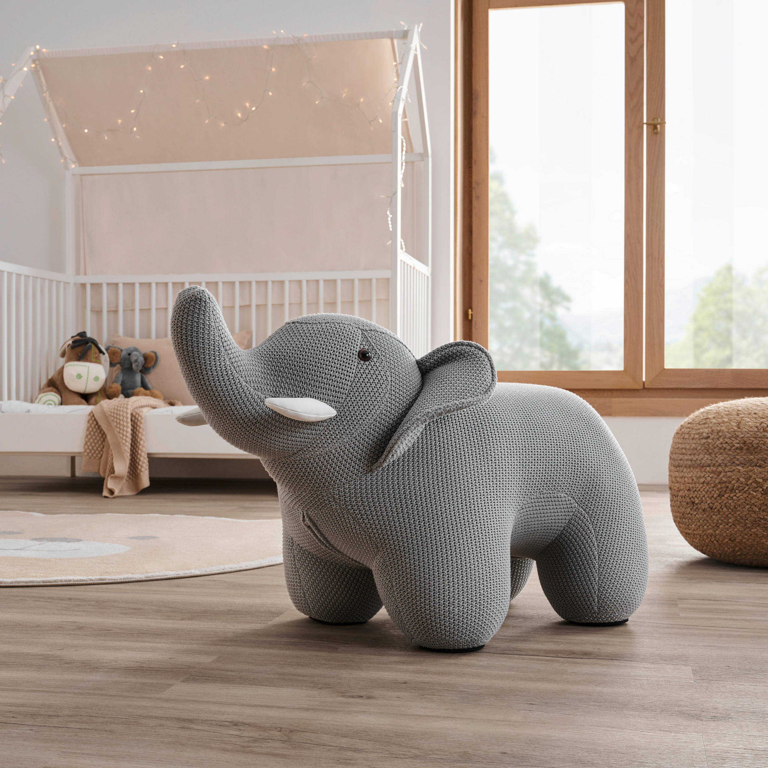 Thumbnail - Jimmylee Kinderhocker Lucky, Grau, Holz, Textil, Eukalyptusholz, vollmassiv, Elefant, 36x47x74 cm, Bsci, Kinder- & Jugen...