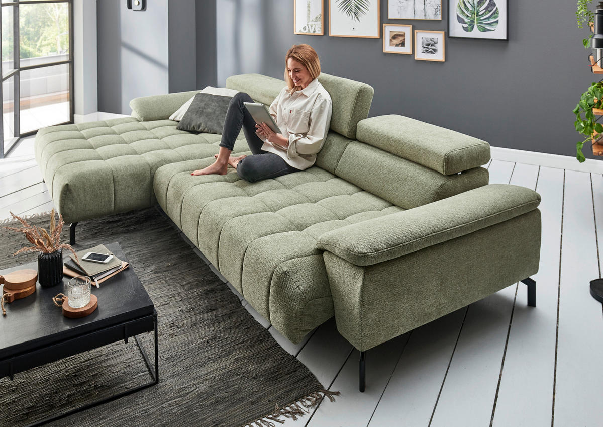 CANAPÉ D'ANGLE in Webstoff Hellbraun  - Hellbraun/Schwarz, Design, Textil/Metall (329/190cm) - Beldomo Style