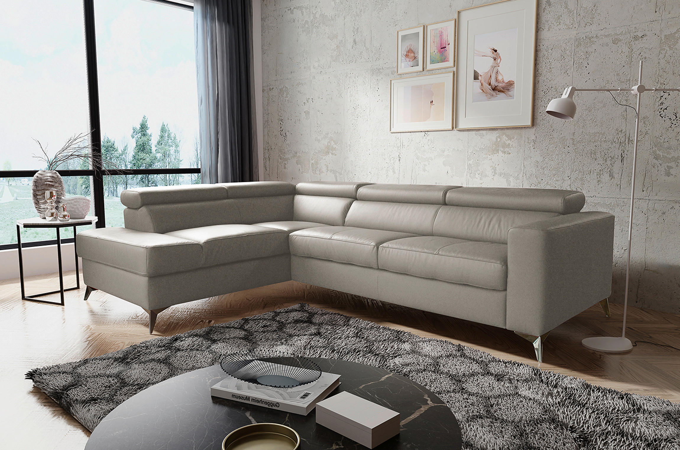 ECKSOFA in Lederlook Echtleder Hellgrau  208/286 cm  - Chromfarben/Hellgrau, Design, Leder/Textil (208/286cm) - Livetastic