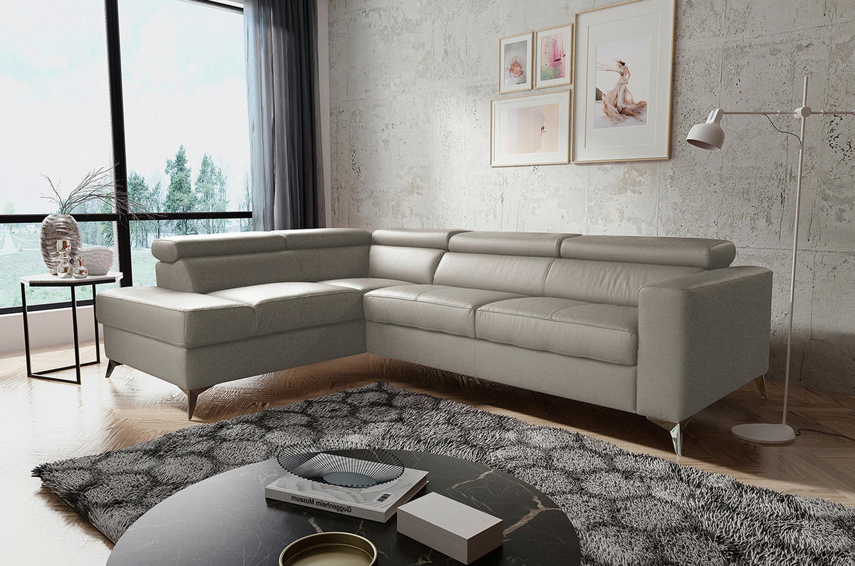 ECKSOFA MONDO Hellgrau Echtleder Lederlook  - Chromfarben/Hellgrau, Design, Leder/Textil (208/286cm) - Livetastic