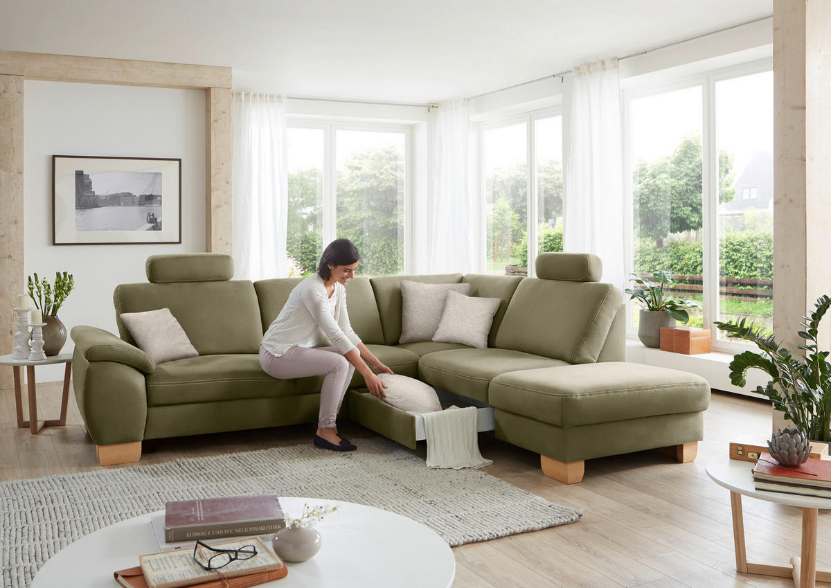 ECKSOFA in Mikrofaser Hellgrün  - Wildeiche/Beige, Natur, Holz/Textil (286/236cm) - Voleo