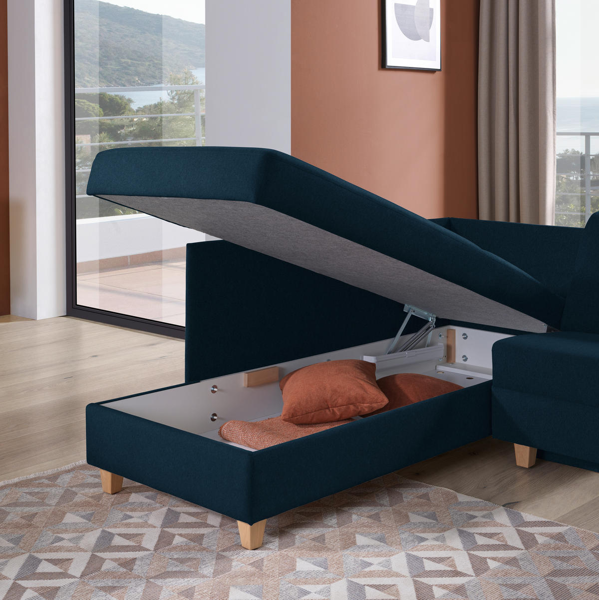 ECKSOFA in Flachgewebe Dunkelblau  203/261 cm  - Eichefarben/Dunkelblau, KONVENTIONELL, Holz/Textil (203/261cm) - Sedda