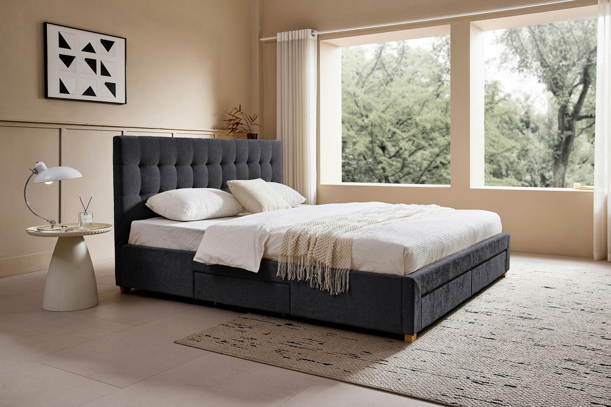 POLSTERBETT 140/200 cm, inkl. gepolstertes Kopfteil, Lattenrost, Bettschubladen,  in Dunkelgrau  - Dunkelgrau/Naturfarben, Design, Holz/Textil (140/200cm) - Boxxx