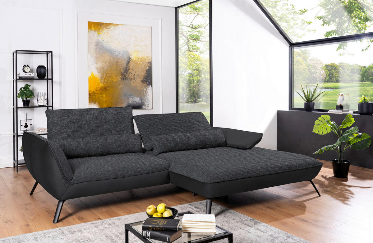 ECKSOFA in Flachgewebe Anthrazit  - Anthrazit/Schwarz, Design, Textil/Metall (273/191cm) - Moderano