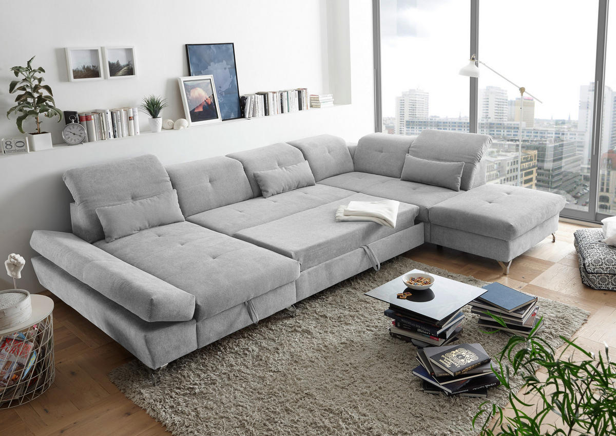WOHNLANDSCHAFT in Mikrovelours Hellgrau  - Silberfarben/Hellgrau, Modern, Textil/Metall (168/350/245cm) - MID.YOU