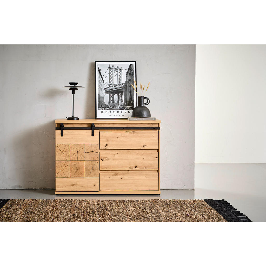 Thumbnail - Mid.you Sideboard Quito, Schwarz, Eiche, Metall, Holzwerkstoff, 1 Fächer, 3 Schubladen, 120x86x40 cm, Bsci, Wohnzimmer, ...