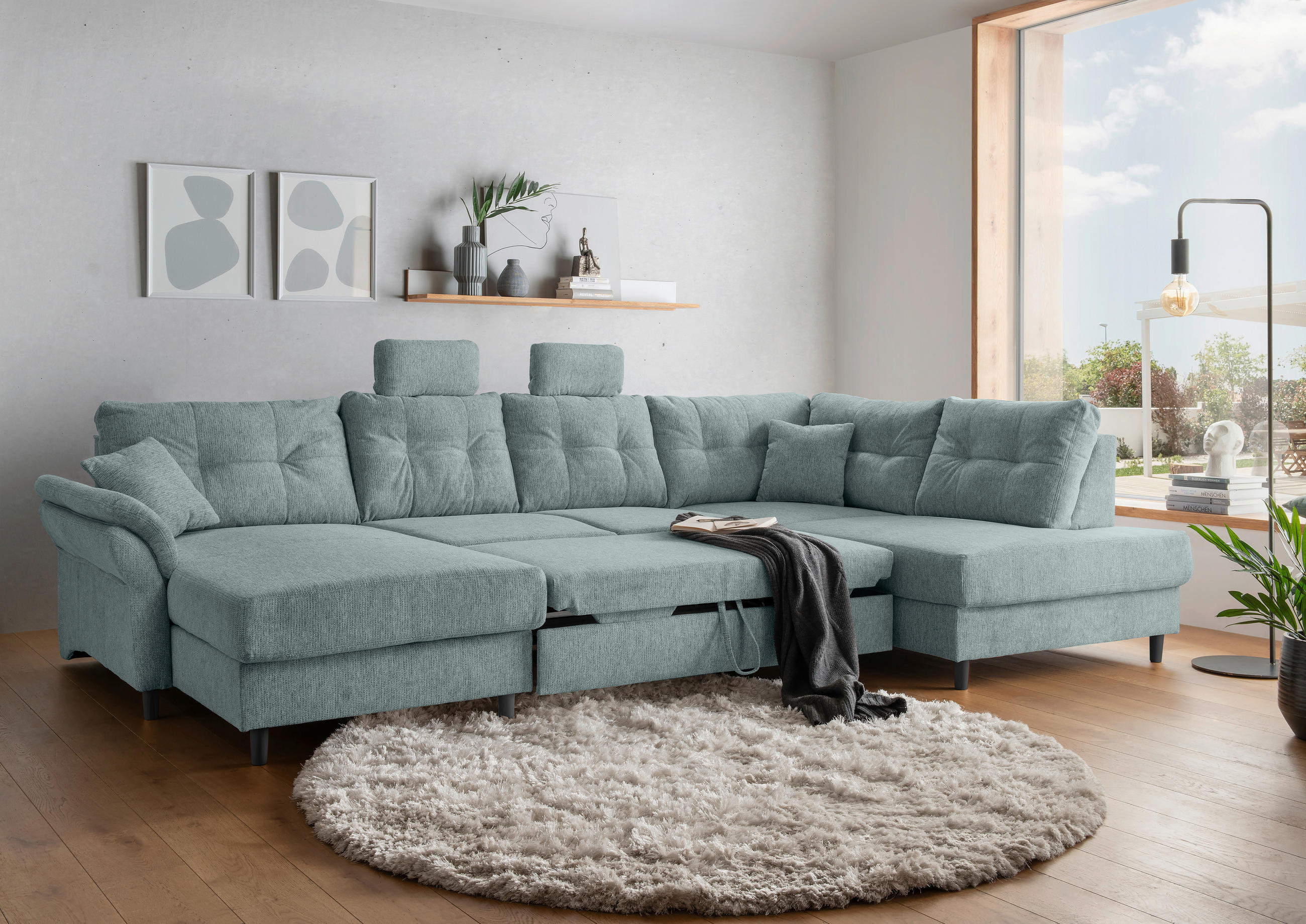 WOHNLANDSCHAFT in Chenille Blau - Blau/Schwarz, Modern, Holz/Textil (176/338/206cm) - Livetastic