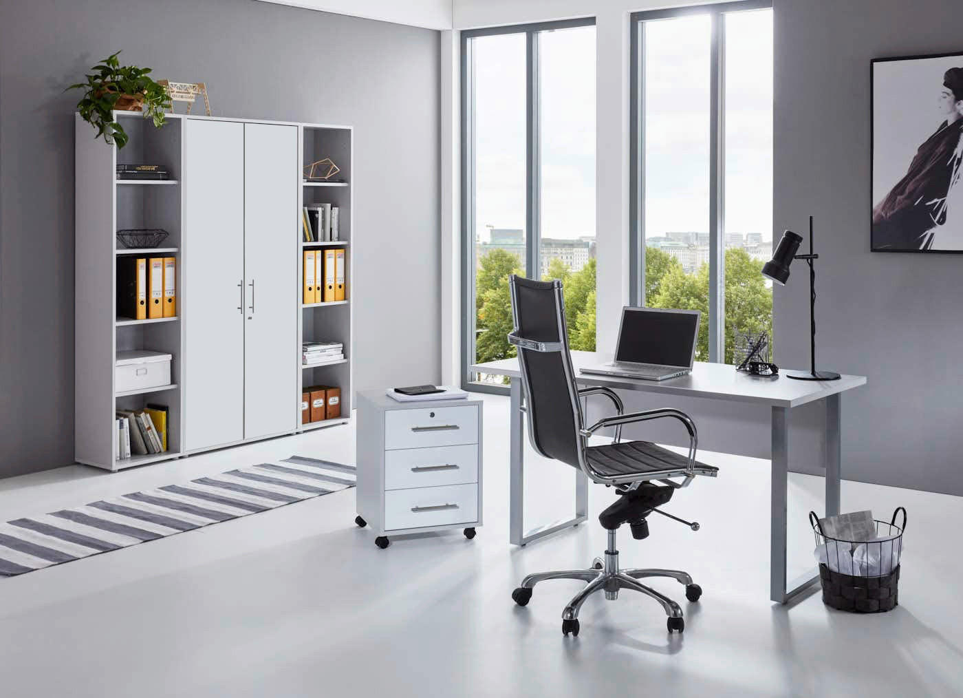 BÜRO erweiterbar, abschließbar Grau, Weiß - Weiß/Grau, MODERN, Holzwerkstoff/Metall - MID.YOU