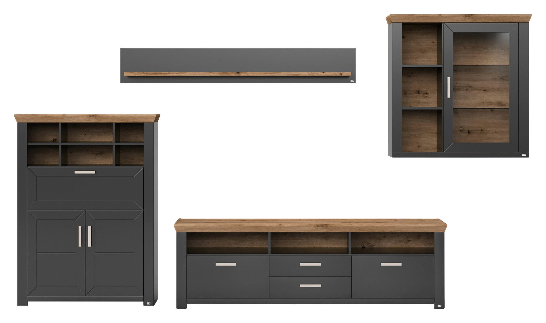 WOHNWAND  in Graphitfarben, Eiche Artisan  374/207/51,2 cm  - Graphitfarben/Eiche Artisan, Design, Glas/Holzwerkstoff (374/207/51,2cm) - SetOne by Musterring