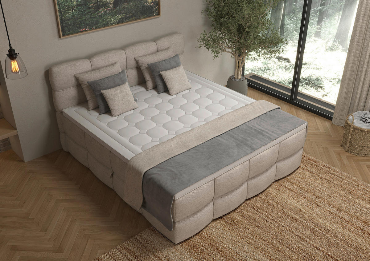 BOXSPRINGBETT 160/200 cm,  in Elfenbein, gepolstertes Kopfteil, Bettkasten, Topper, Matratzen, H3 + H3 = fest  - Elfenbein/Schwarz, Design, Kunststoff/Textil (160/200cm) - Chameo