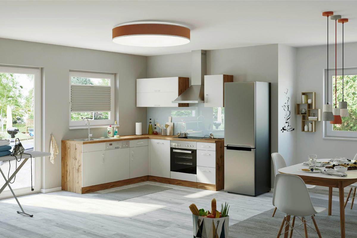 ECKKÜCHE 210/210 cm  in Weiß, Eiche Wotan  - Chromfarben/Eiche Wotan, MODERN, Holzwerkstoff/Metall (210/210cm) - Held