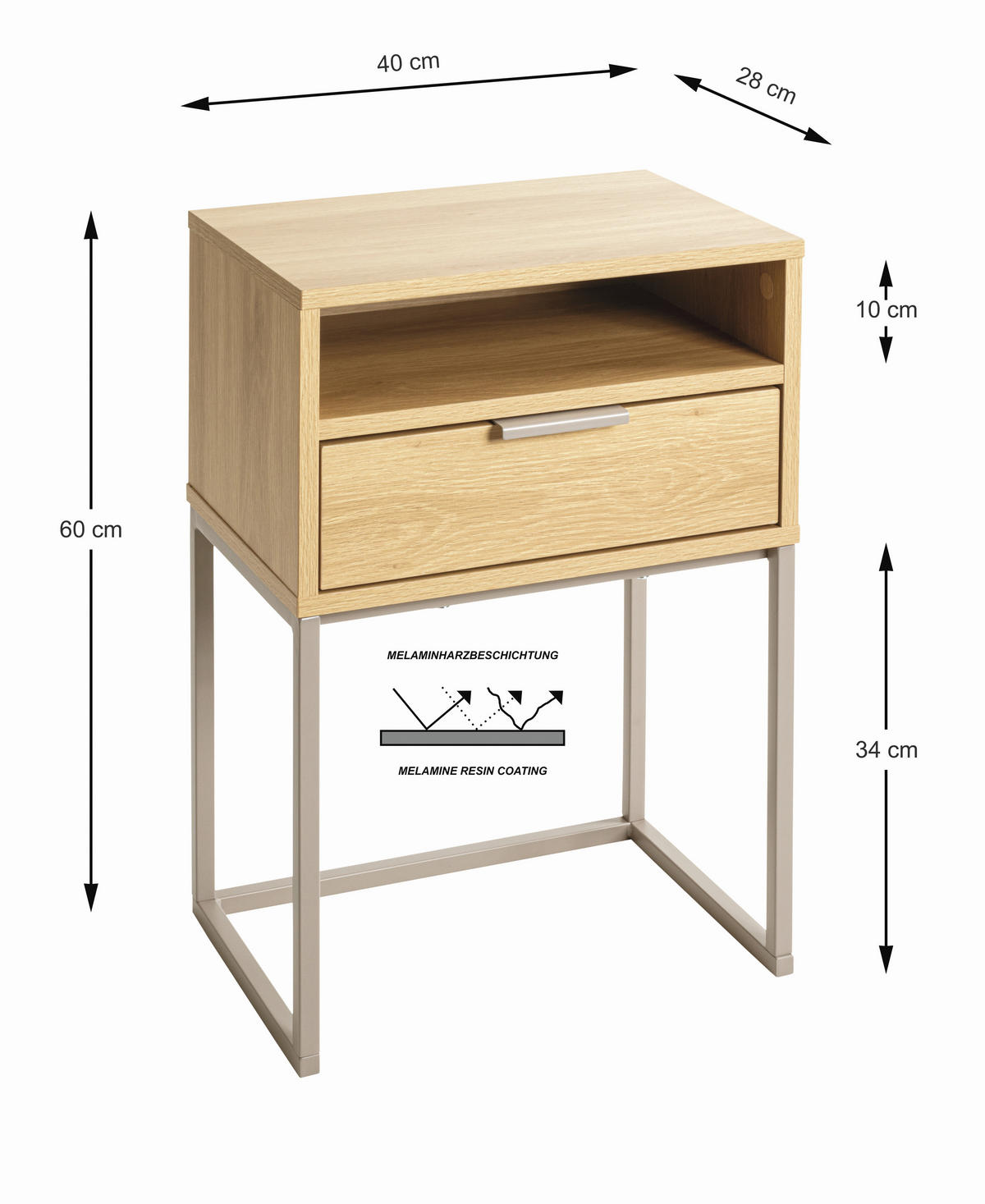 NACHTSCHRANK 40/60/28 cm  - Kaschmir/Eichefarben, MODERN, Holzwerkstoff/Metall (40/60/28cm)