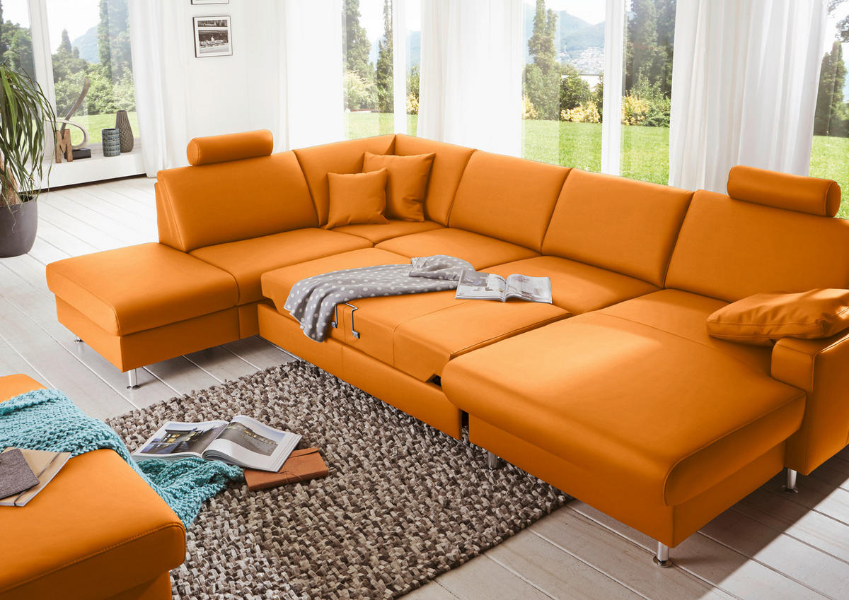 WOHNLANDSCHAFT in Echtleder Orange  - Alufarben/Orange, Design, Leder/Metall (233/339/165cm) - Beldomo Premium