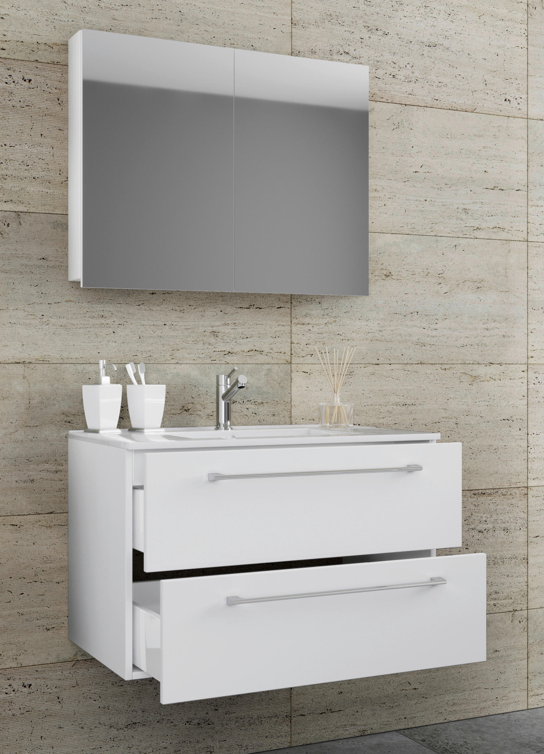 BADEZIMMER 3-teilig  in 60 cm  - Alufarben/Weiß, MODERN, Keramik/Holzwerkstoff (60cm) - MID.YOU