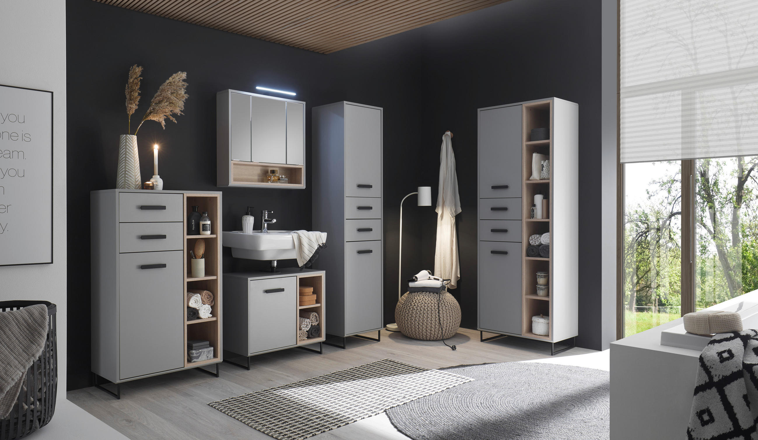 HOCHSCHRANK 65/185/38 cm  - Schwarz/Grau, Natur, Holzwerkstoff/Kunststoff (65/185/38cm) - home24