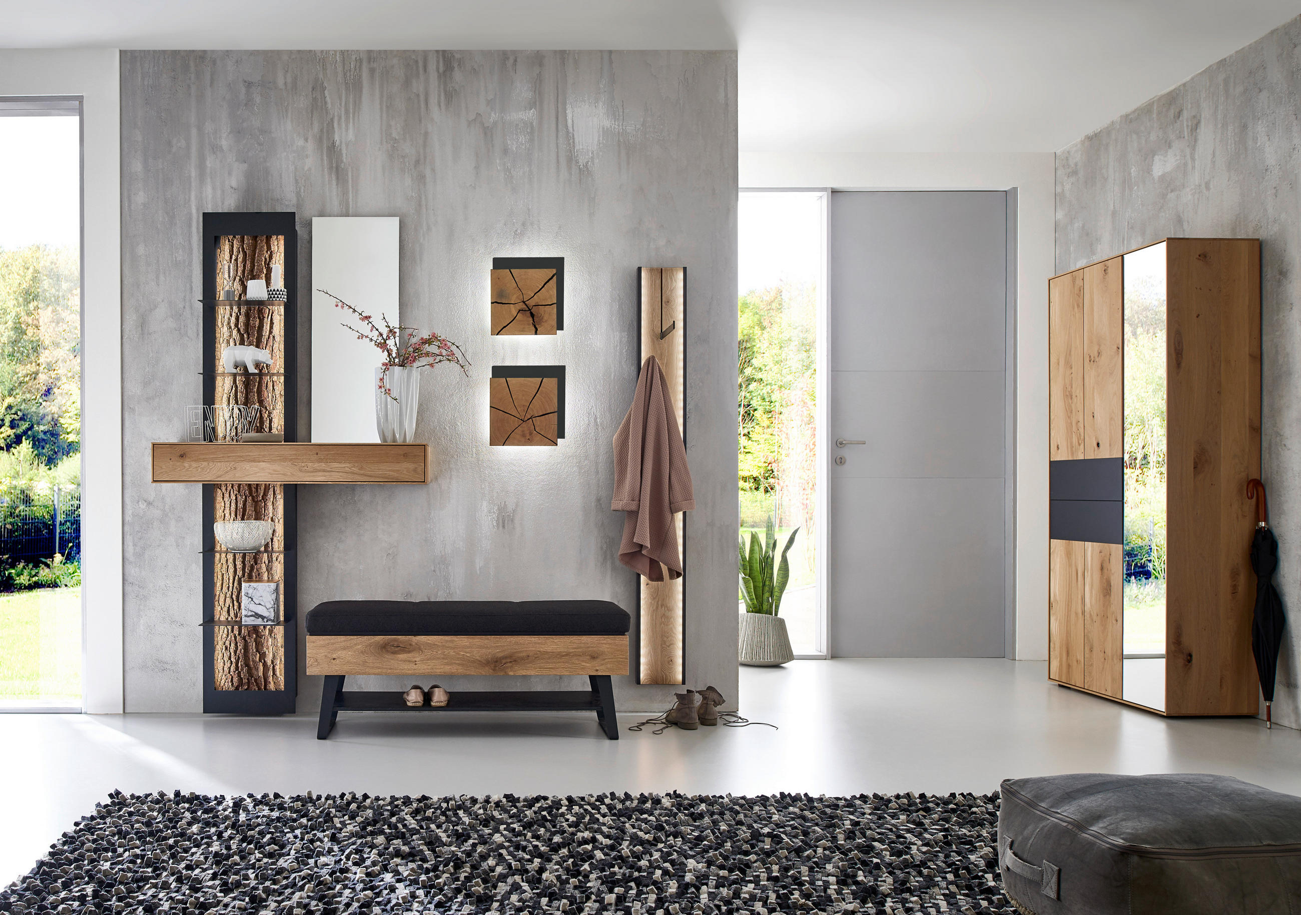 Thumbnail - Valnatura Wandleuchte, Anthrazit, Eiche, Holz, Metall, Kerneiche, vollmassiv, quadratisch,quadratisch, F, 33x33x6.5 cm, ...