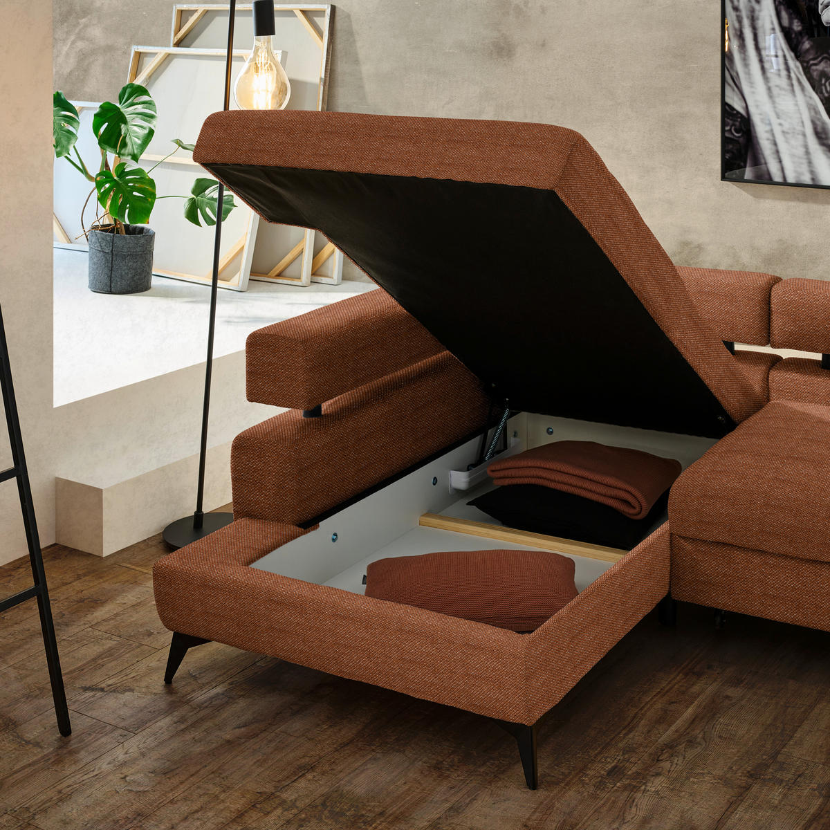 ECKSOFA Cognac Chenille  - Cognac/Schwarz, KONVENTIONELL, Textil/Metall (184/265cm) - Hom`in