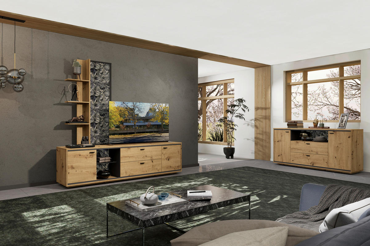 WOHNWAND  in Graphitfarben, Eiche Artisan  220/205/49 cm  - Schwarz/Graphitfarben, Design, Glas/Holzwerkstoff (220/205/49cm) - Cantus