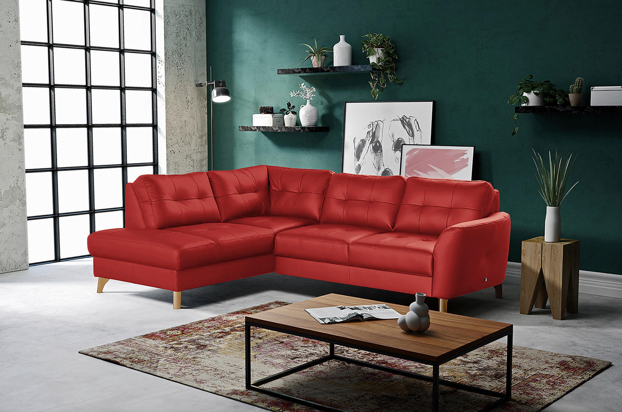ECKSOFA in Lederlook Echtleder Rot  - Buchefarben/Rot, Design, Leder/Holz (190/236cm) - Livetastic