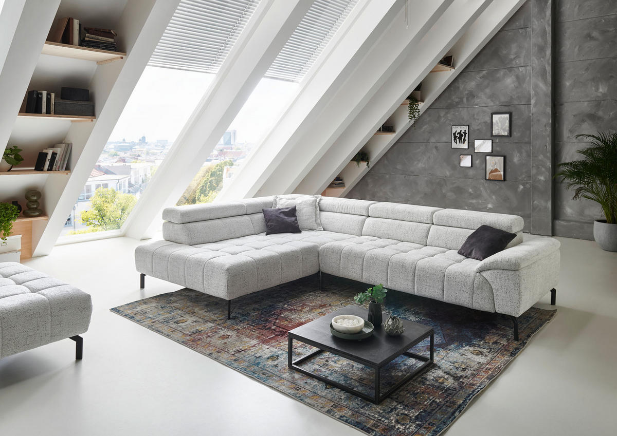 ECKSOFA in Chenille Grauweiss  - Schwarz/Grauweiss, Design, Textil/Metall (222/323cm) - Beldomo Style