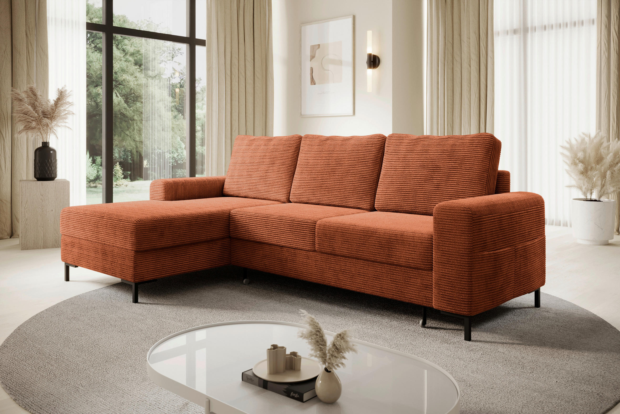 ECKSOFA Rostfarben Cord  - Rostfarben/Schwarz, KONVENTIONELL, Textil/Metall (150/240cm) - Carryhome