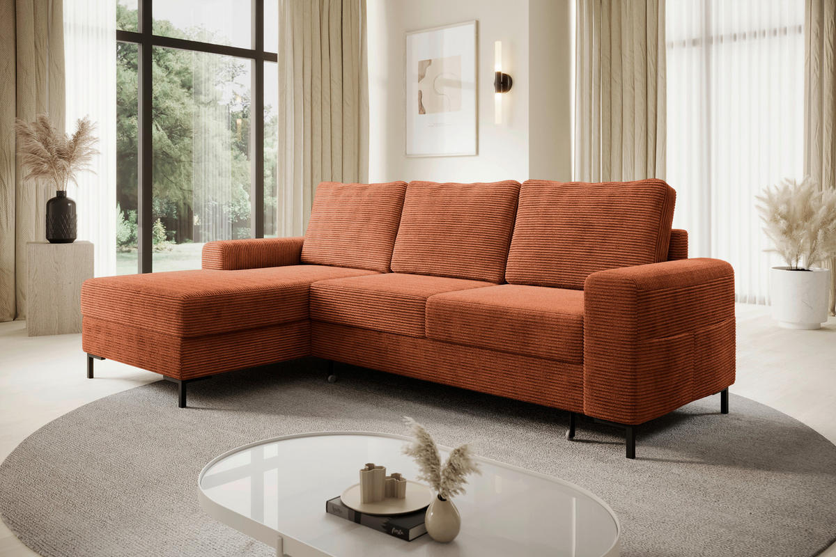 ECKSOFA Rostfarben Cord  - Rostfarben/Schwarz, KONVENTIONELL, Textil/Metall (150/240cm) - Carryhome