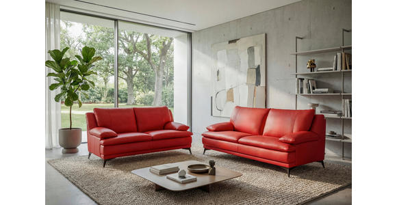 2,5-SITZER Rot Echtleder  - Rot/Schwarz, Design, Leder/Metall (212/92/98cm) - Novel