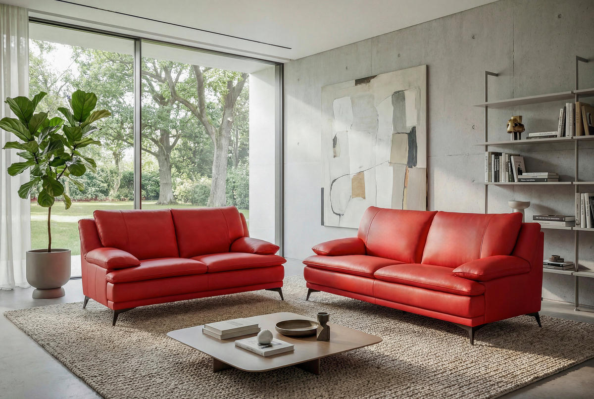 2,5-SITZER Rot Echtleder  - Rot/Schwarz, Design, Leder/Metall (212/92/98cm) - Novel