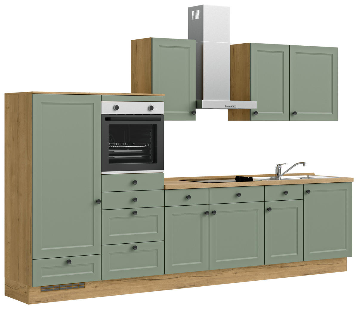 KÜCHENBLOCK 330 cm   in Eichefarben, Schilfgrün  - Schilfgrün/Eichefarben, MODERN, Holzwerkstoff/Metall (330cm) - Nobilia