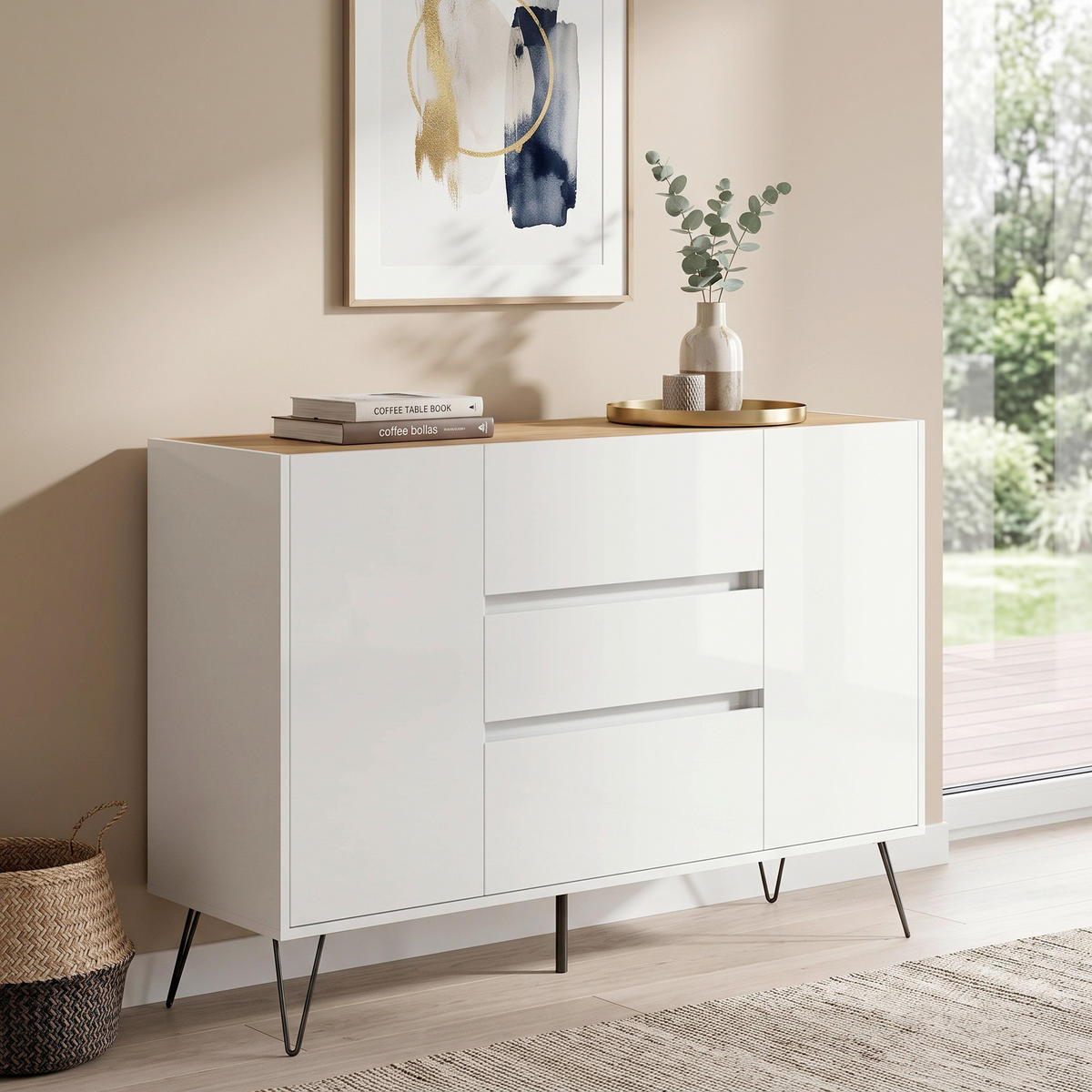 SIDEBOARD Posseik Industrial 140/93,6/42 cm 3 Schublade(n)  - Weiß Hochglanz/Eichefarben, Design, Holzwerkstoff/Metall (140/93,6/42cm) - MID.YOU