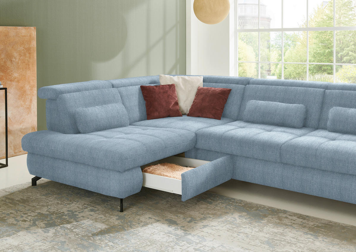 ECKSOFA in Chenille Hellblau  - Schwarz/Hellblau, Design, Textil/Metall (220/310cm) - Beldomo Style