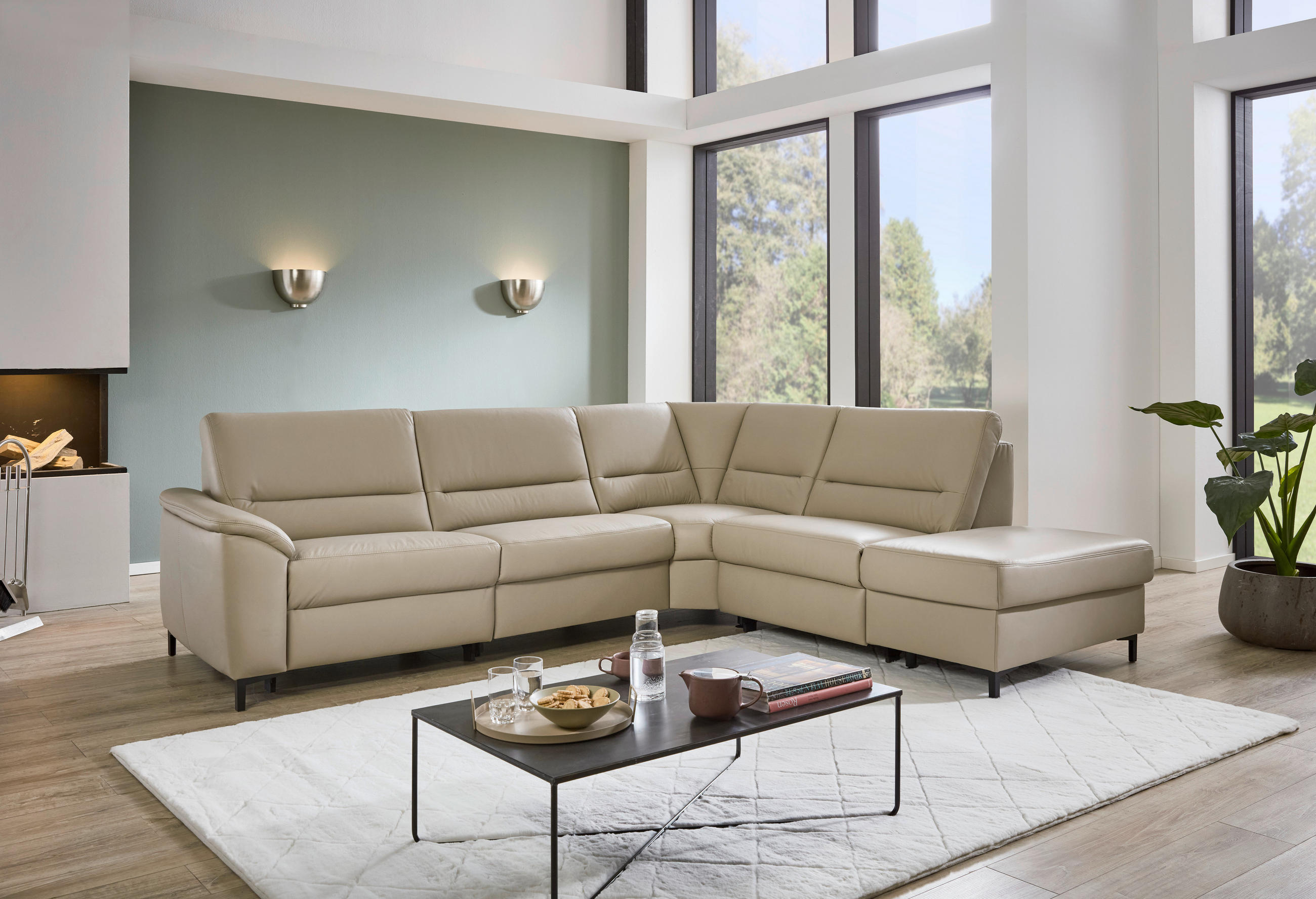 ECKSOFA Perlmutt Echtleder  - Perlmutt/Schwarz, KONVENTIONELL, Leder/Metall (290/247cm) - Beldomo Premium